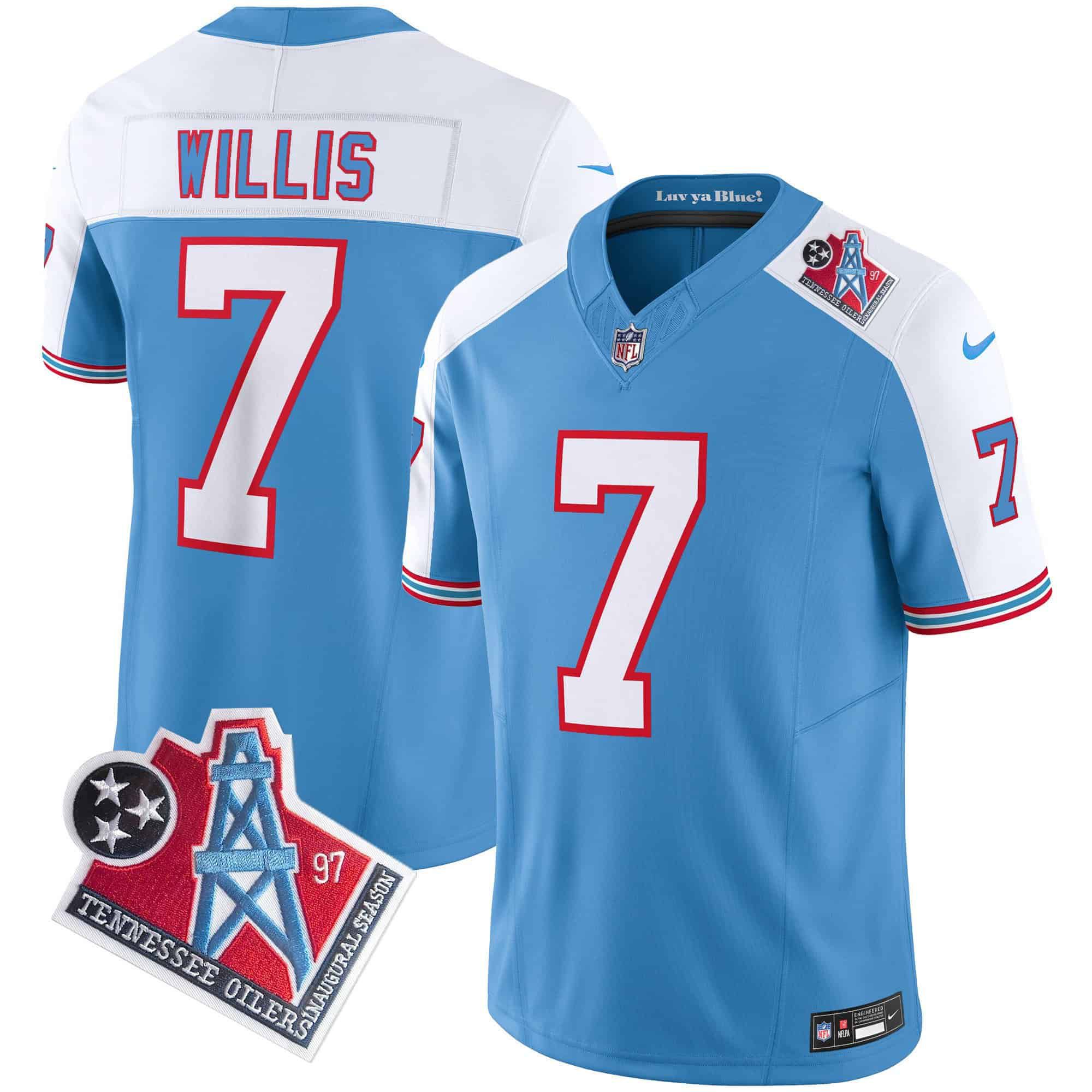 Men Tennessee Titans #7 Willis Light Blue 1997 Throwback 2024 Nike Limited Vapor NFL Jersey style 1